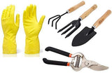 Easyshoppingstore Gardening Tools - Reusable Rubber Gloves, Pruners Scissor(Flower Cutter) & Garden Tool Wooden Handle (3pcs-Hand Cultivator, Small Trowel, Garden Fork)